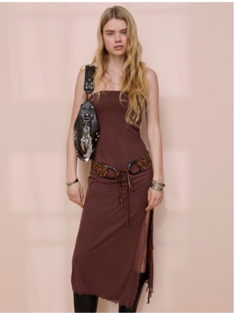 Urban Outfitters Brown Strapless Midi Dress with Side Slit XL